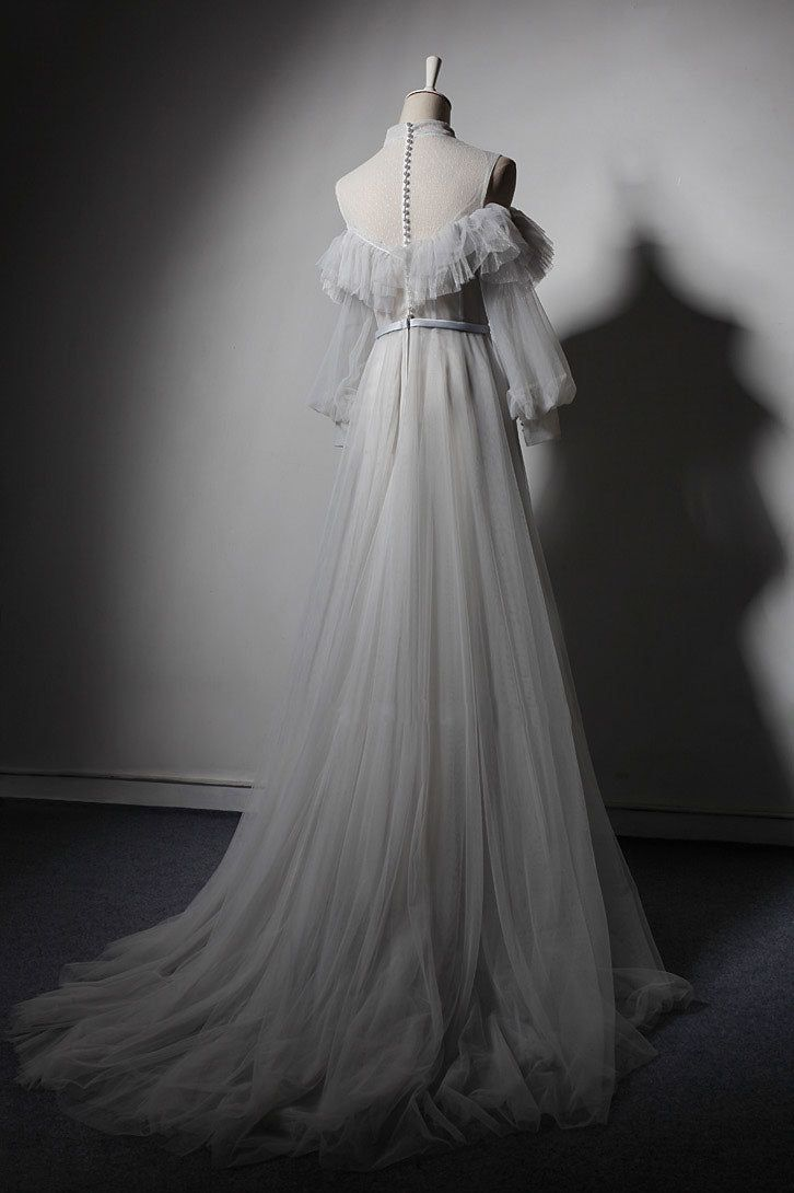 Gray Appliques Lace High Neck Prom Dress,Retro Long Sleeve Formal Dresses,Senior Tulle Prom Dresses cg11886