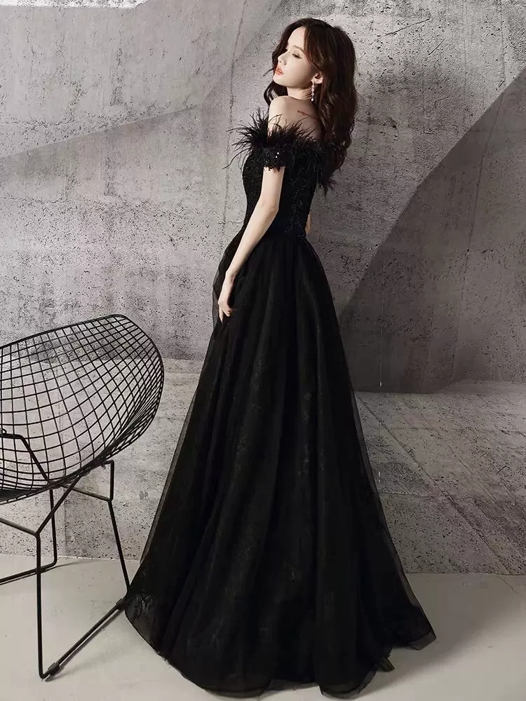 BLACK TULLE BEADS LONG A LINE PROM DRESS EVENING DRESS cg21506