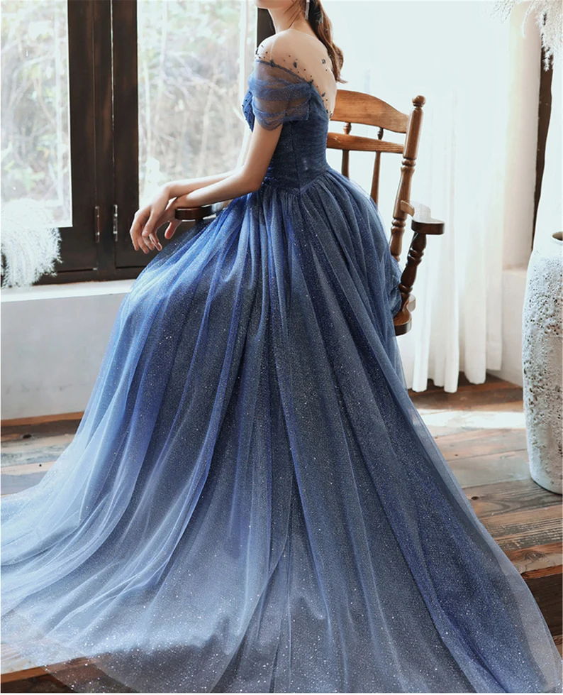 Blue Starry Prom Dress Glitter Evening Dress Deep V Bridal Dress cg24947
