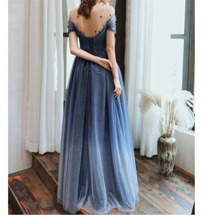 Blue Starry Prom Dress Glitter Evening Dress Deep V Bridal Dress cg24947