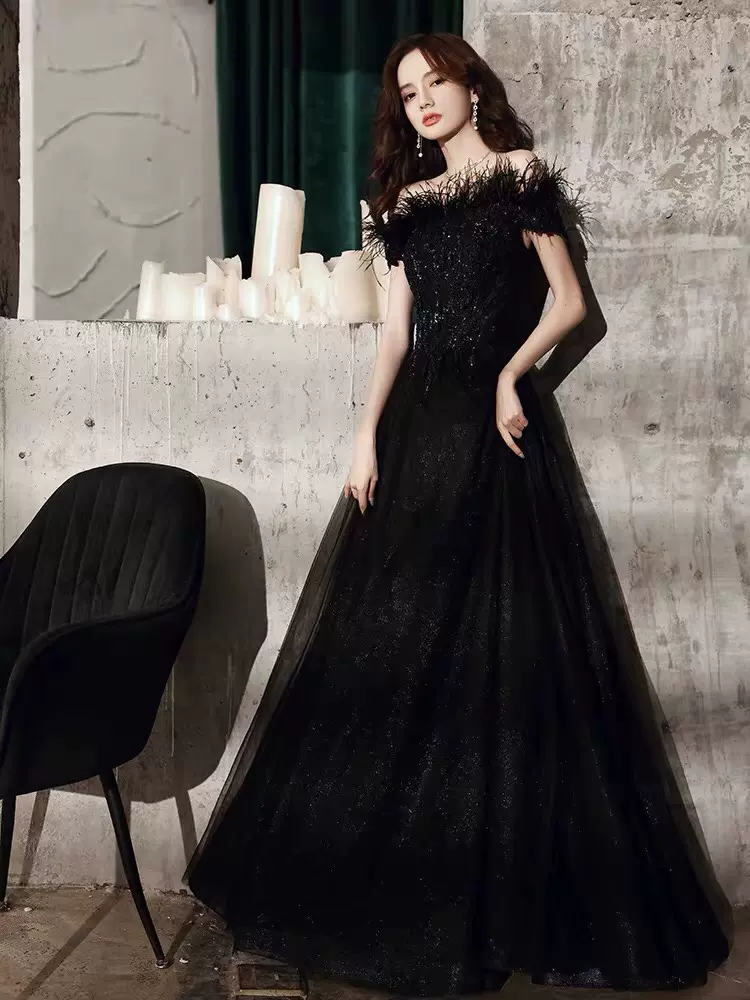 BLACK TULLE BEADS LONG A LINE PROM DRESS EVENING DRESS cg21506
