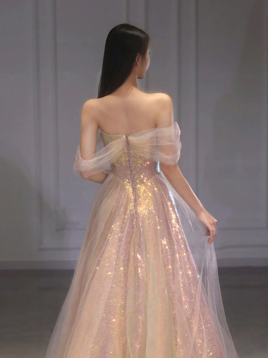 A Line Tulle Sequin Long Prom Dress, Off Shoulder Formal Graduation Dress cg24966