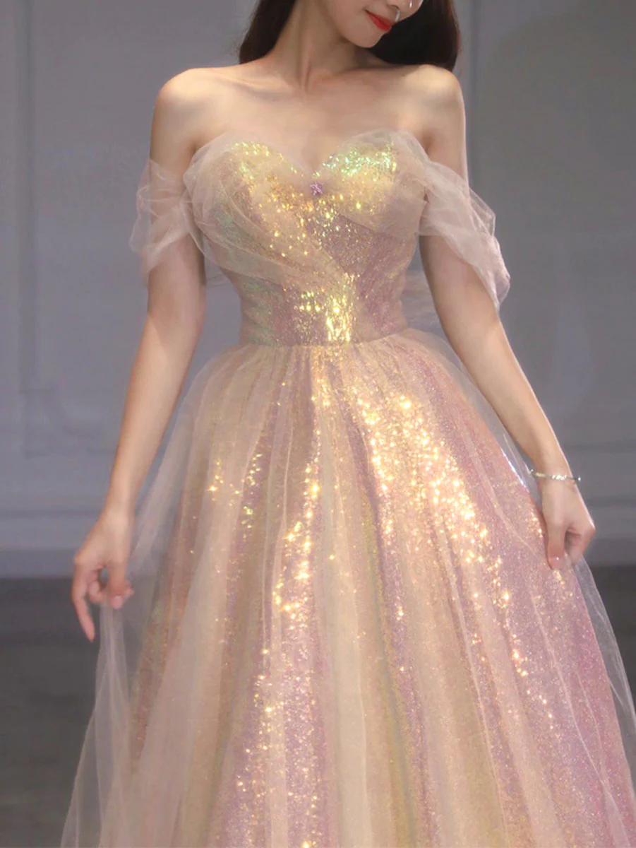 A Line Tulle Sequin Long Prom Dress, Off Shoulder Formal Graduation Dress cg24966
