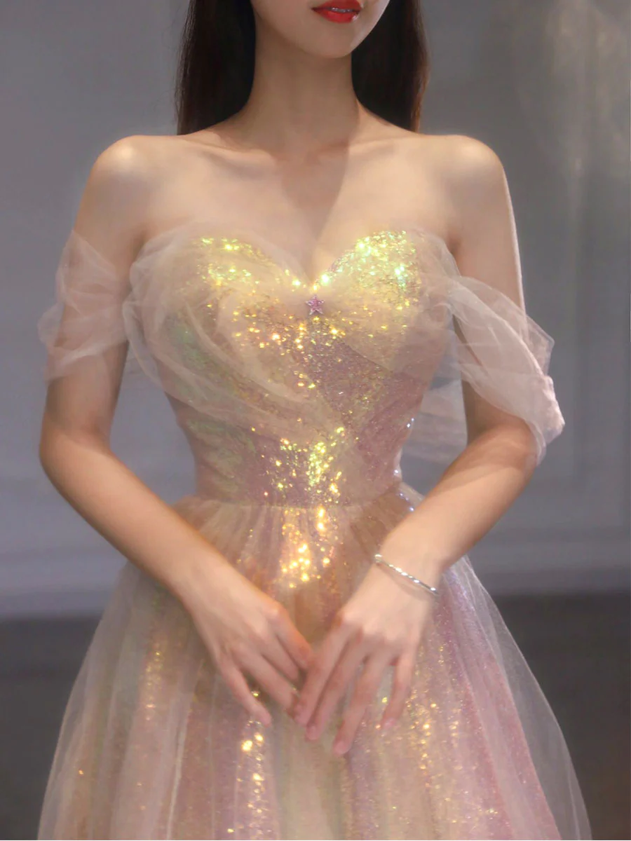 A Line Tulle Sequin Long Prom Dress, Off Shoulder Formal Graduation Dress cg24966