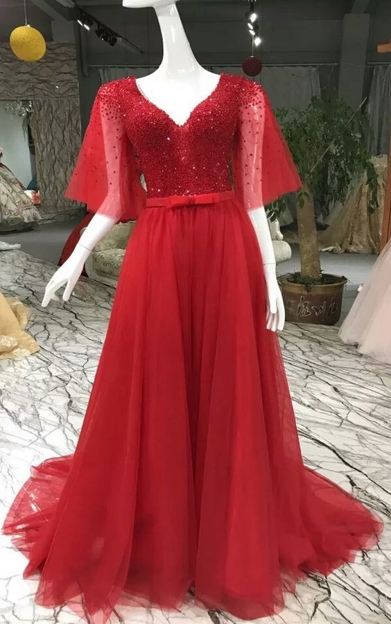 Unique V Neck Tulle Beading Long Prom Dress cg10004