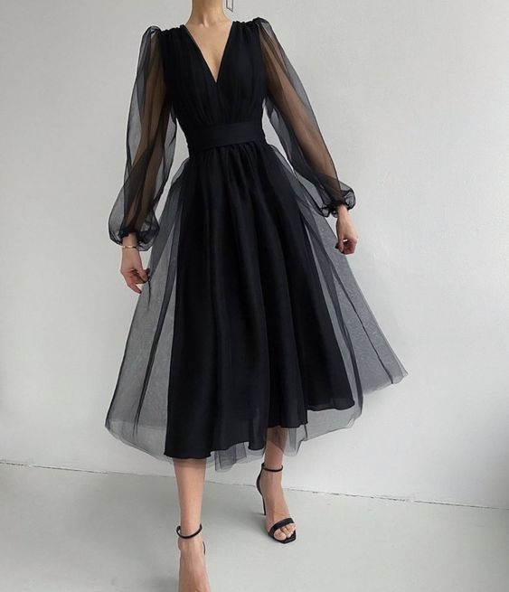 Unique Black Tulle Long Sleeves Prom Dress cg10005