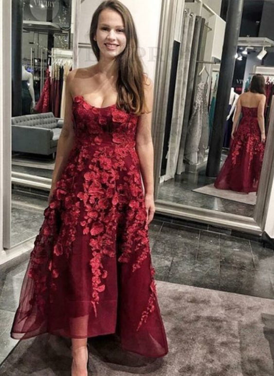 A-Linie Herzausschnitt High Low Burgunderrot Ballkleid cg10010