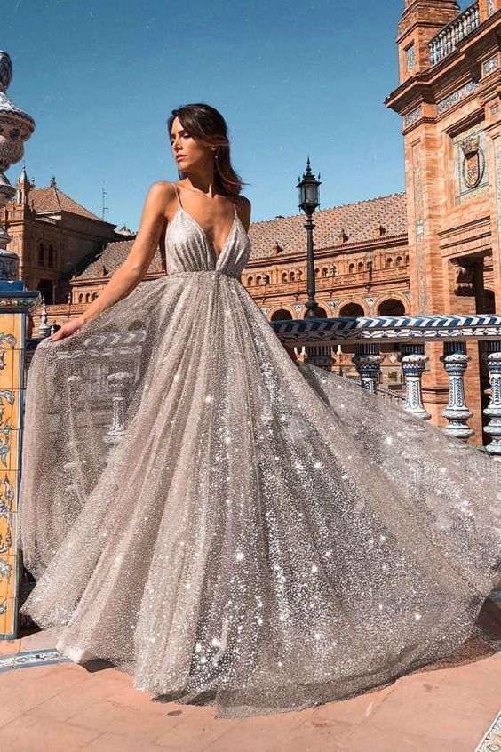 Silver Glittering Sequin V Neck Backless Tulle Sexy Prom Dress cg10016