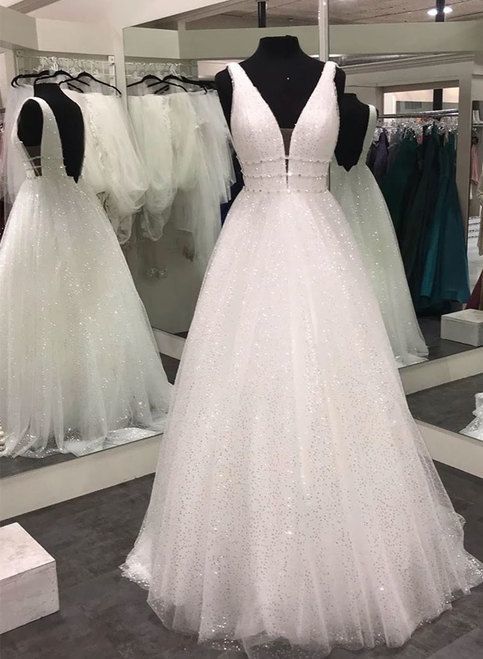 White v neck tulle long prom dress, white evening dress cg10017