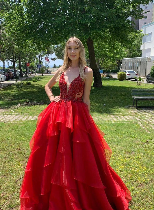 Rotes langes Ballkleid mit V-Ausschnitt und Tüllspitze, rotes Abendkleid cg1004