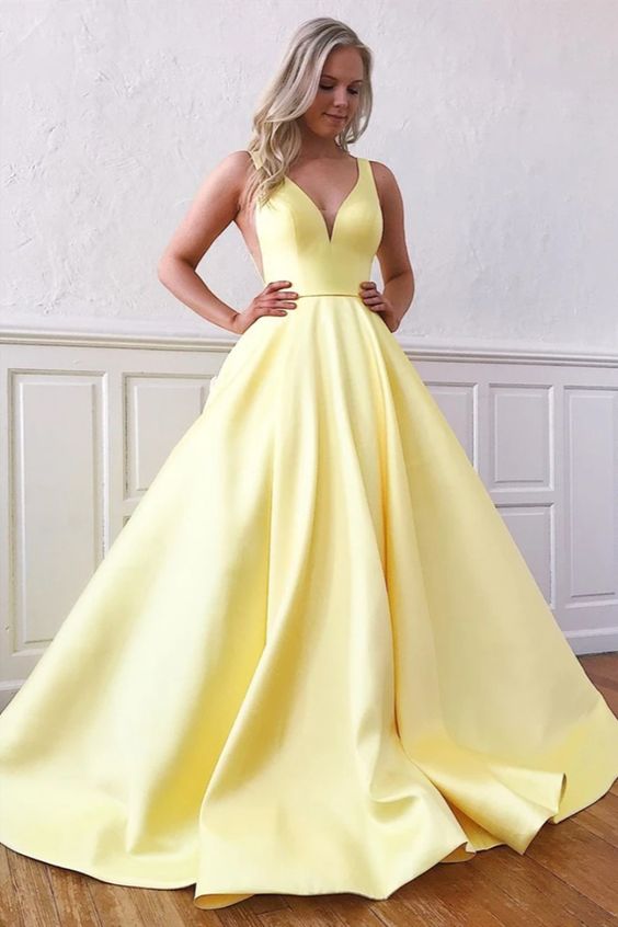 V Neck Yellow Satin Prom Dresses, V Neck Yellow Formal Evening Graduation Dresses cg10042