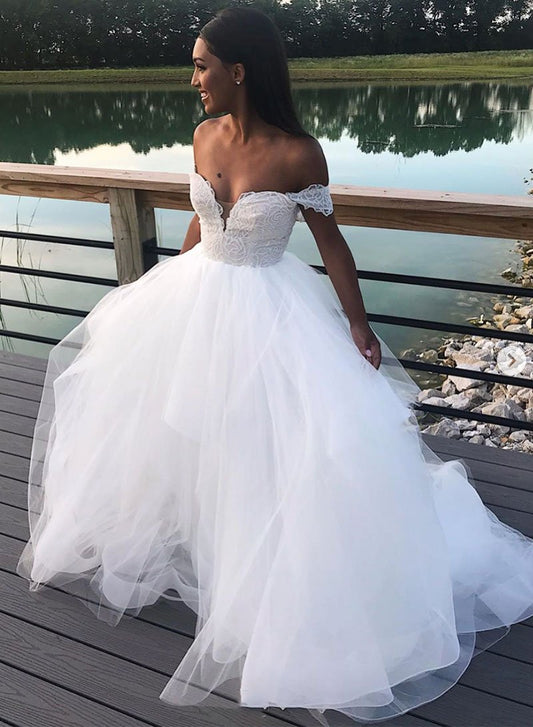 Langes Ballkleid aus weißem Spitzentüll, formelles Kleid cg1005