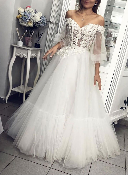 Langes Ballkleid aus weißem Tüll und Spitze, weißes Abendkleid 1006
