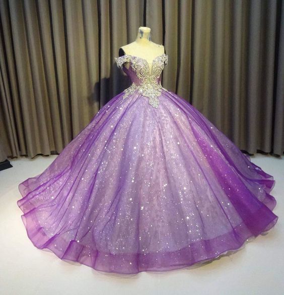 Purple Off The Shoulder Ball Gown , Bling Bling Prom Dress cg10071
