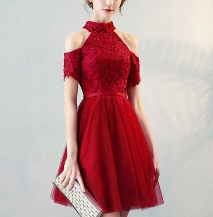 High Quality A Line High Neck Short Sleeve Knee Length Homecoming Dress cg10076