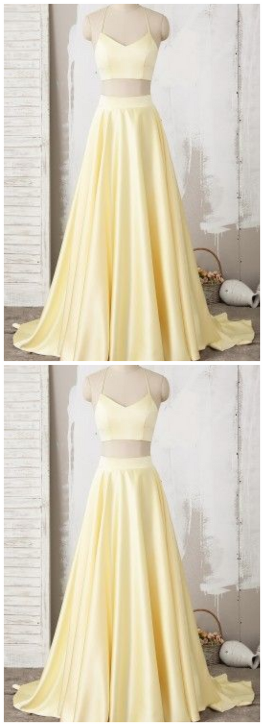 Gelbes zweiteiliges Neckholder-Spitzen-Satin-Langballkleid cg10078