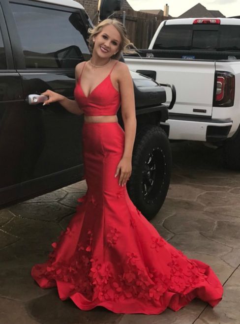 Red Mermaid Two Piece Satin Spaghetti Straps 3D Flower Prom Dress cg10094