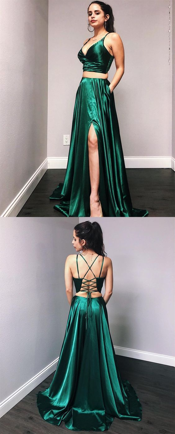 Princess Prom Dress,Two Pieces Prom Dress,Green Prom Dress,V-Neck Prom Dress,Emerald Green Prom Dress,Long Party Dress cg10099