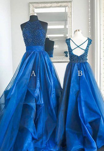 Blaues langes Ballkleid mit hohem Halsausschnitt und Tüllperlen, blaues Abendkleid, blaues Abendkleid cg1011