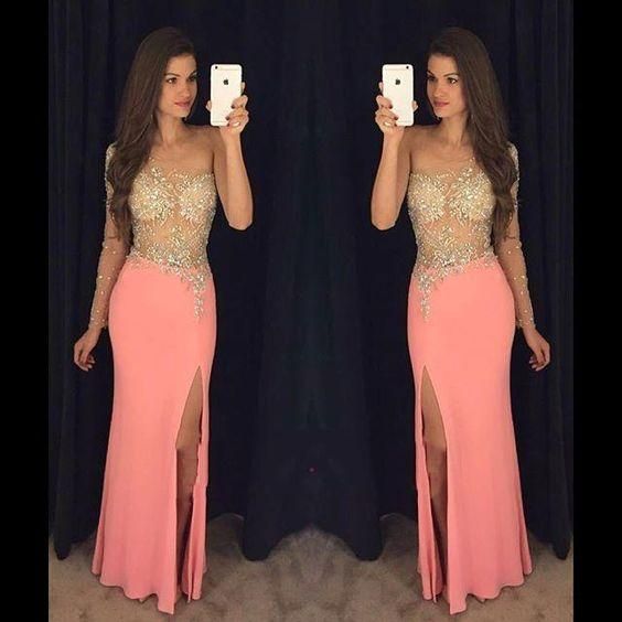 crystals evening dresses long sleeve mermaid coral sheer top sexy formal prom dresses cg10113