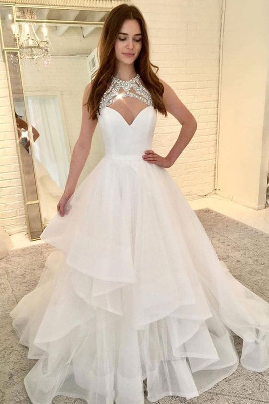 Langes Ballkleid aus weißem Tüll, Abendkleid aus weißem Tüll cg1012
