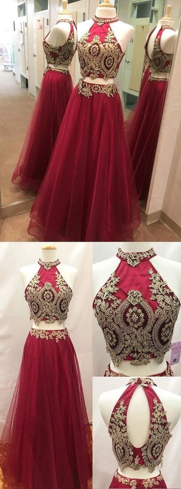 Sexy Burgundy Appliques Long Evening Dress, Halter Two Piece Prom Dresses cg10131