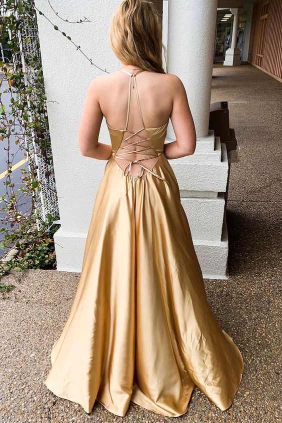 Halter Lace-Up Mesh Gold Long Prom Dress with Slit cg10136