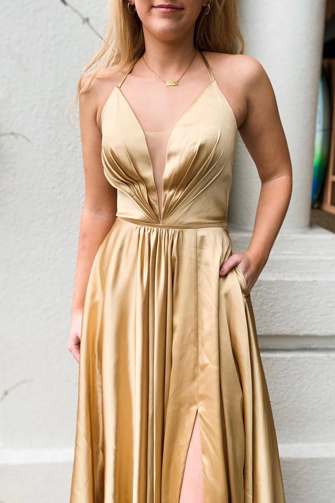 Halter Lace-Up Mesh Gold Long Prom Dress with Slit cg10136