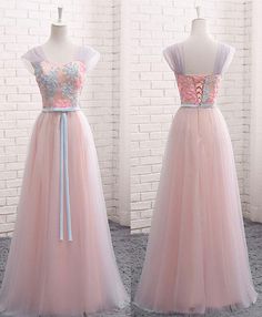 Pink A line sweet neck lace tulle long prom dress, evening dress cg10137