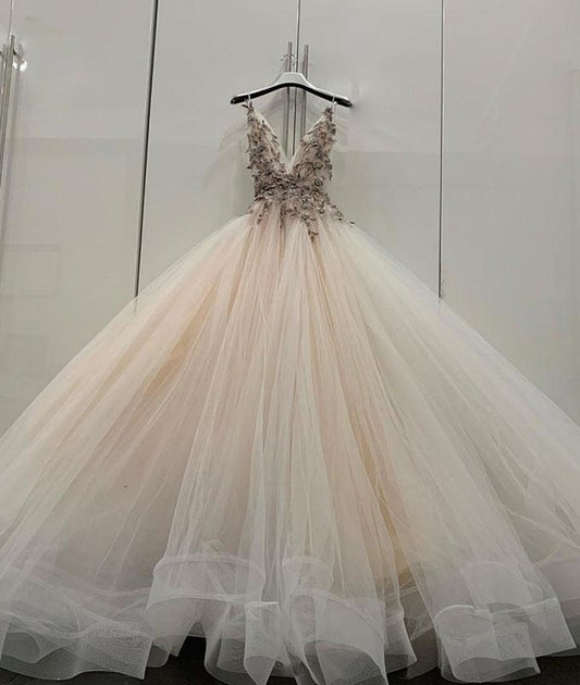 Champagner V-Ausschnitt Tüll Spitze langes Ballkleid, Champagner Abendkleid cg1015