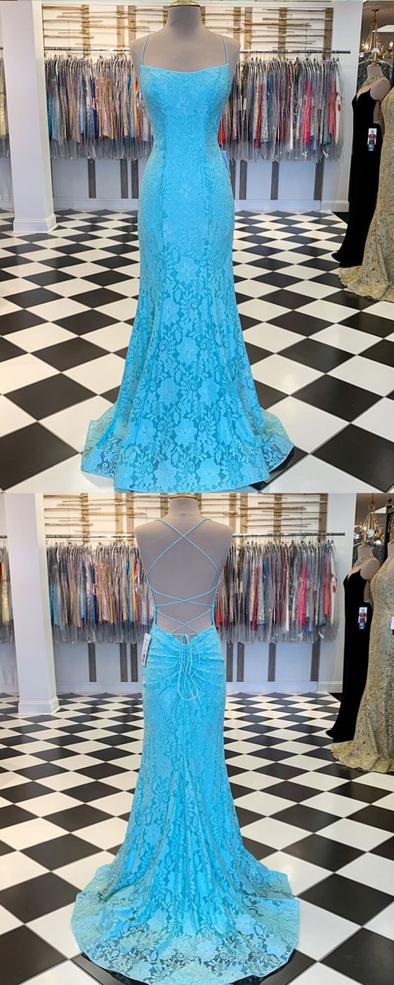 Meerjungfrau-Ballkleid mit Spaghettiträgern und Spitze in Cyan, cg10191