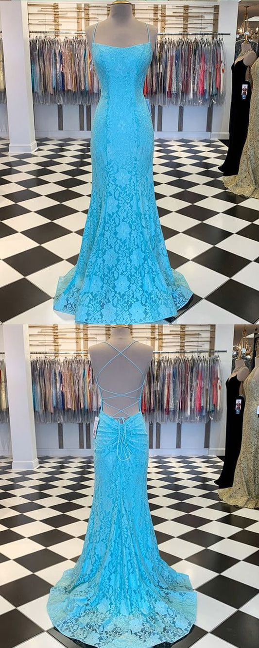 Meerjungfrau-Ballkleid mit Spaghettiträgern und Spitze in Cyan, cg10191