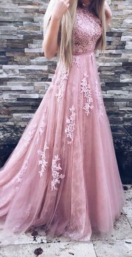 Blush Pink Lace Beaded A-line Long Evening Prom Dresses cg10195