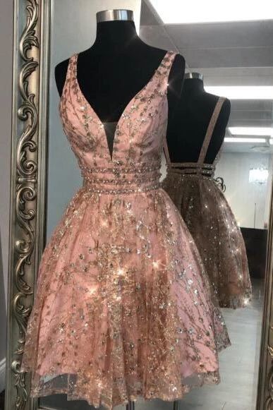 Unique V Neck Pink Beads Backless Homecoming Dresses cg10196