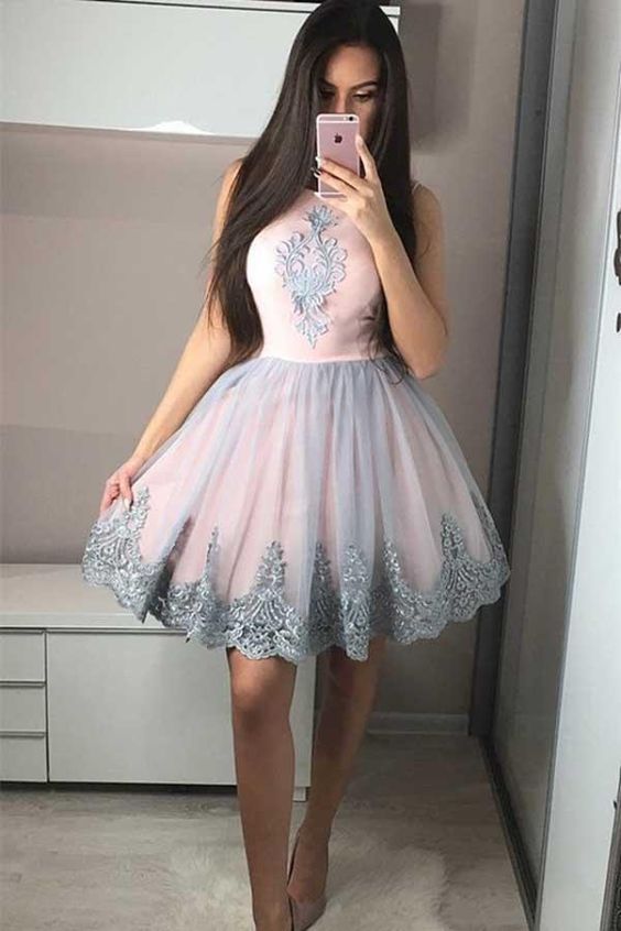 Cute A-Line Round Neck Pink Homecoming Dress with Appliques cg10197