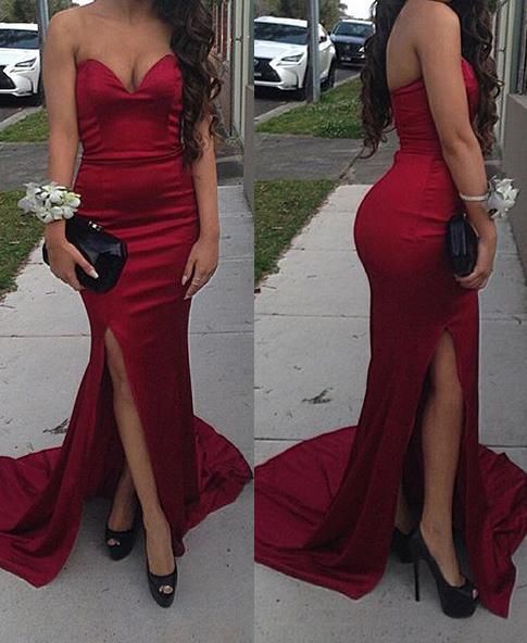Sexy Trumpet/Mermaid Sweetheart Satin Side Slit Red Prom Dresses cg10204