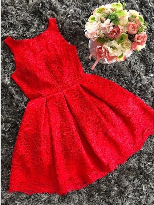 A-Line Round Neck Red Lace Short Homecoming Dress cg10209