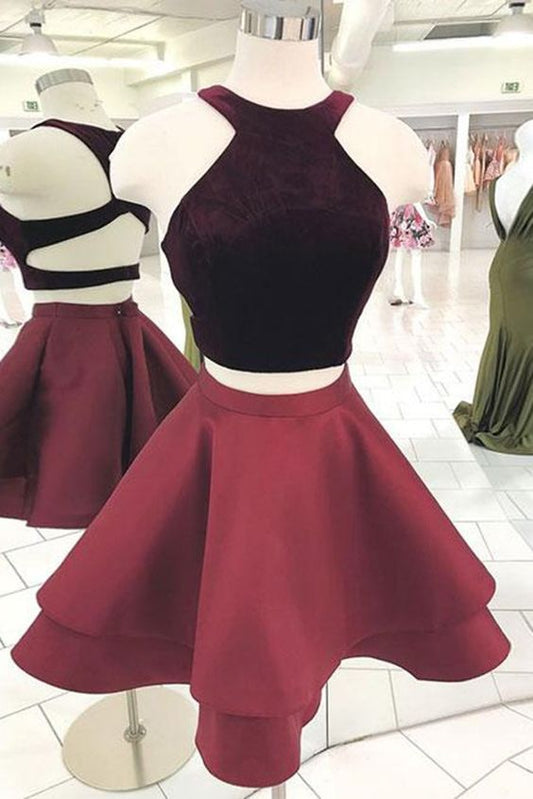 Süßes burgunderrotes zweiteiliges kurzes Kleid, burgunderrotes Homecoming-Kleid cg1021