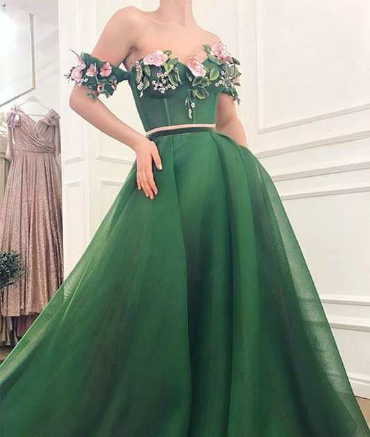 Grünes, schulterfreies, langes Ballkleid mit Herzausschnitt, grünes Abendkleid cg1022