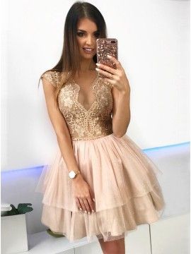 A-Line Crew Above-Knee Champagne Tiered Homecoming Dress with Lace cg10220