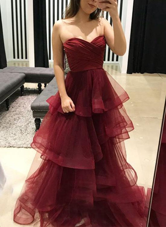 Burgunderrotes, langes Ballkleid mit herzförmigem Ausschnitt, Abendkleid cg1024