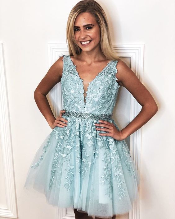 chic v-neck sleeveless sky blue homecoming dresses with appliques, fashion simple a-line dresses cg10244
