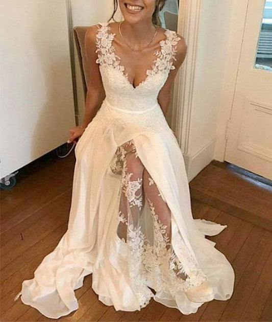 Weißes langes Ballkleid aus Chiffon und Spitze mit V-Ausschnitt, weißes Abendkleid cg1025
