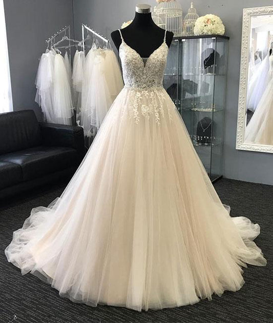 Helles Champagner Tüll Spitze langes Ballkleid, Champagner Abendkleid cg1026