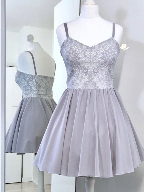 A-Line Spaghetti Straps Grey Short Homecoming Dress with Lace cg10262