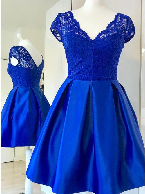 A-Line V-Neck Short Sleeves Pink Homecoming Dress with Lace cg10266