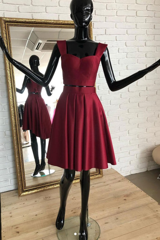 Burgunderrotes zweiteiliges kurzes Kleid, burgunderrotes Homecoming-Kleid cg1027