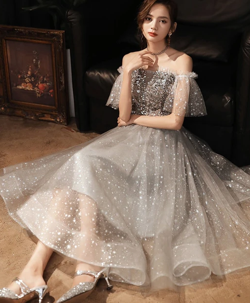 2021 GRAY TULLE SEQUIN SHORT PROM DRESS GRAY cg10279