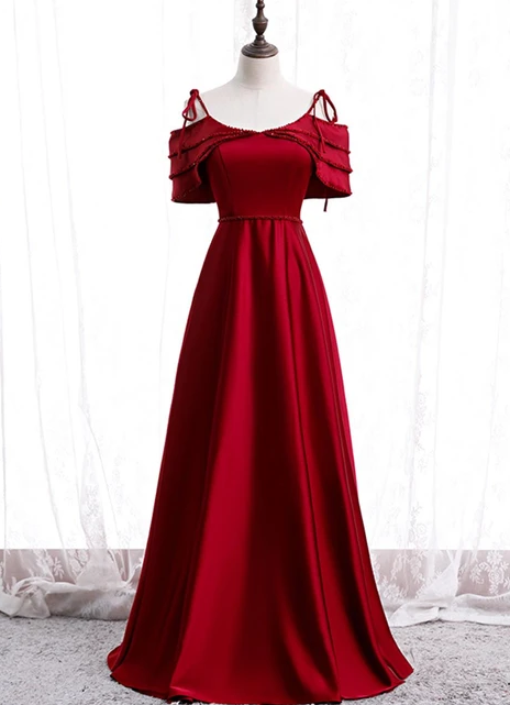2021 BURGUNDERROTES SATINPERLEN-LANGES BALLKLEID BURGUNDERROTES ABENDKLEID cg10280