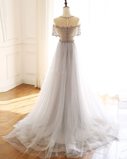 GRAY ROUND NECK TULLE BEADS LONG PROM DRESS FORMA LDRESS cg10284